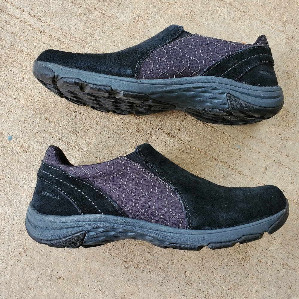 MERRELL Black Suede Gray Slip-On Shoes Size 7.5